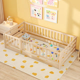 Twin Size Floor Bed with High Fence and Door Playhouse for Kids