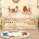 Twin Size Floor Bed with High Fence and Door Playhouse for Kids