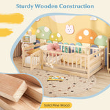 Twin Size Floor Bed with High Fence and Door Playhouse for Kids