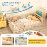 Twin Size Floor Bed with High Fence and Door Playhouse for Kids