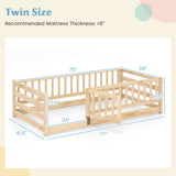 Twin Size Floor Bed with High Fence and Door Playhouse for Kids