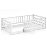 Twin Size Floor Bed with High Fence and Door Playhouse for Kids