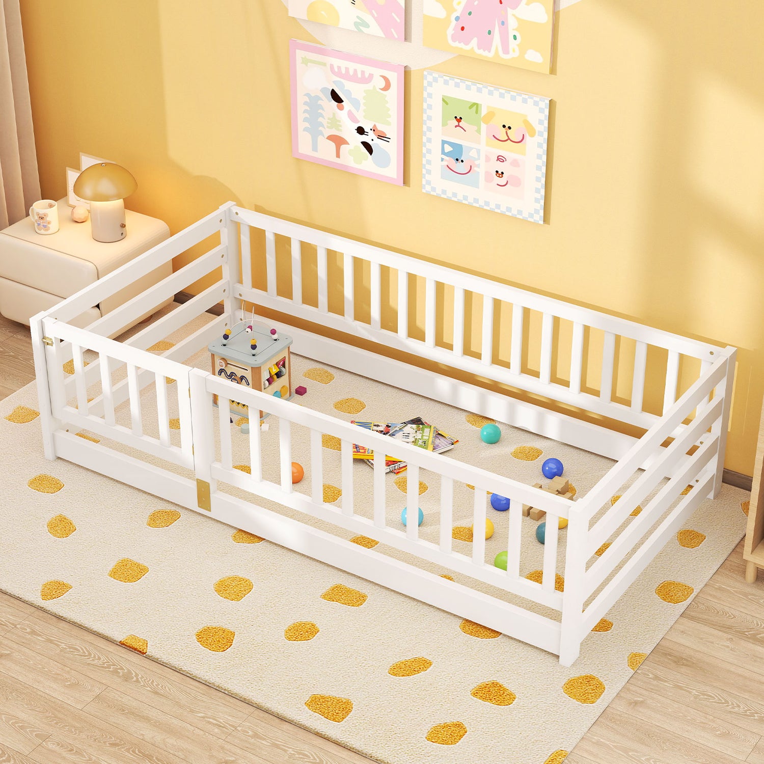 Twin Size Floor Bed with High Fence and Door Playhouse for Kids