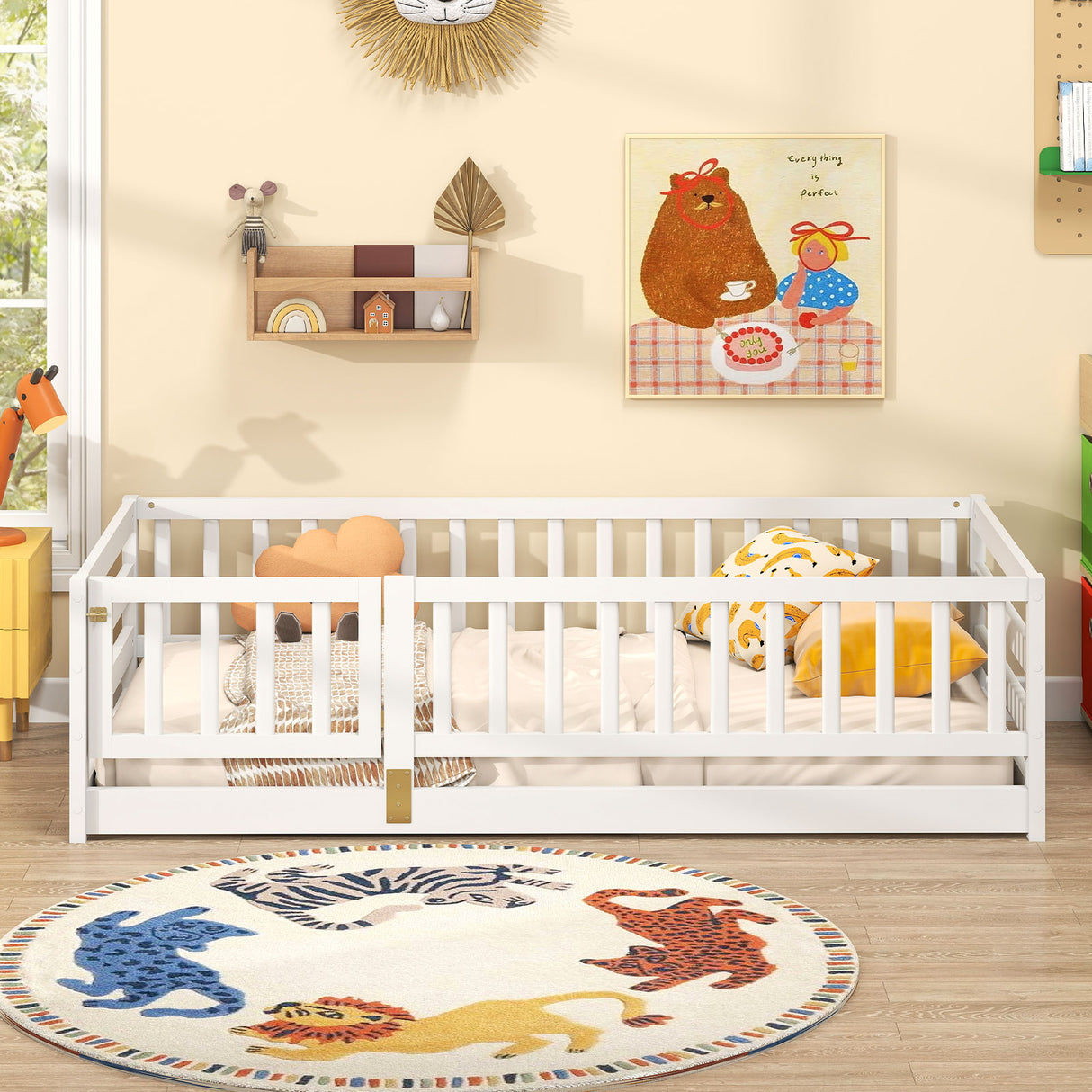 Twin Size Floor Bed with High Fence and Door Playhouse for Kids