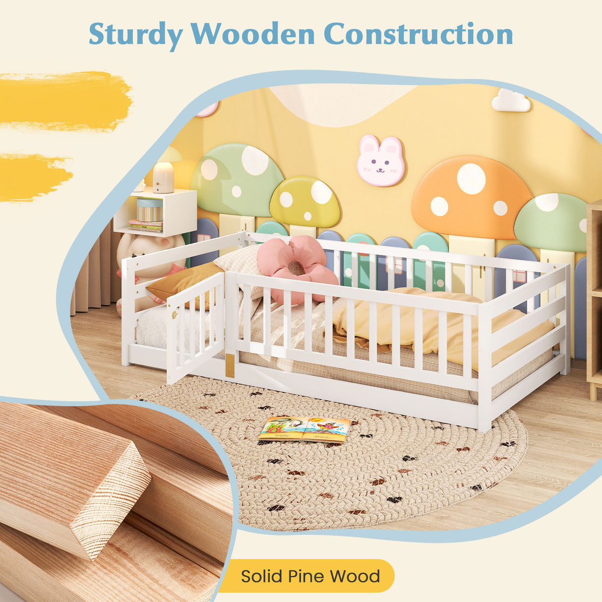 Twin Size Floor Bed with High Fence and Door Playhouse for Kids
