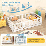Twin Size Floor Bed with High Fence and Door Playhouse for Kids