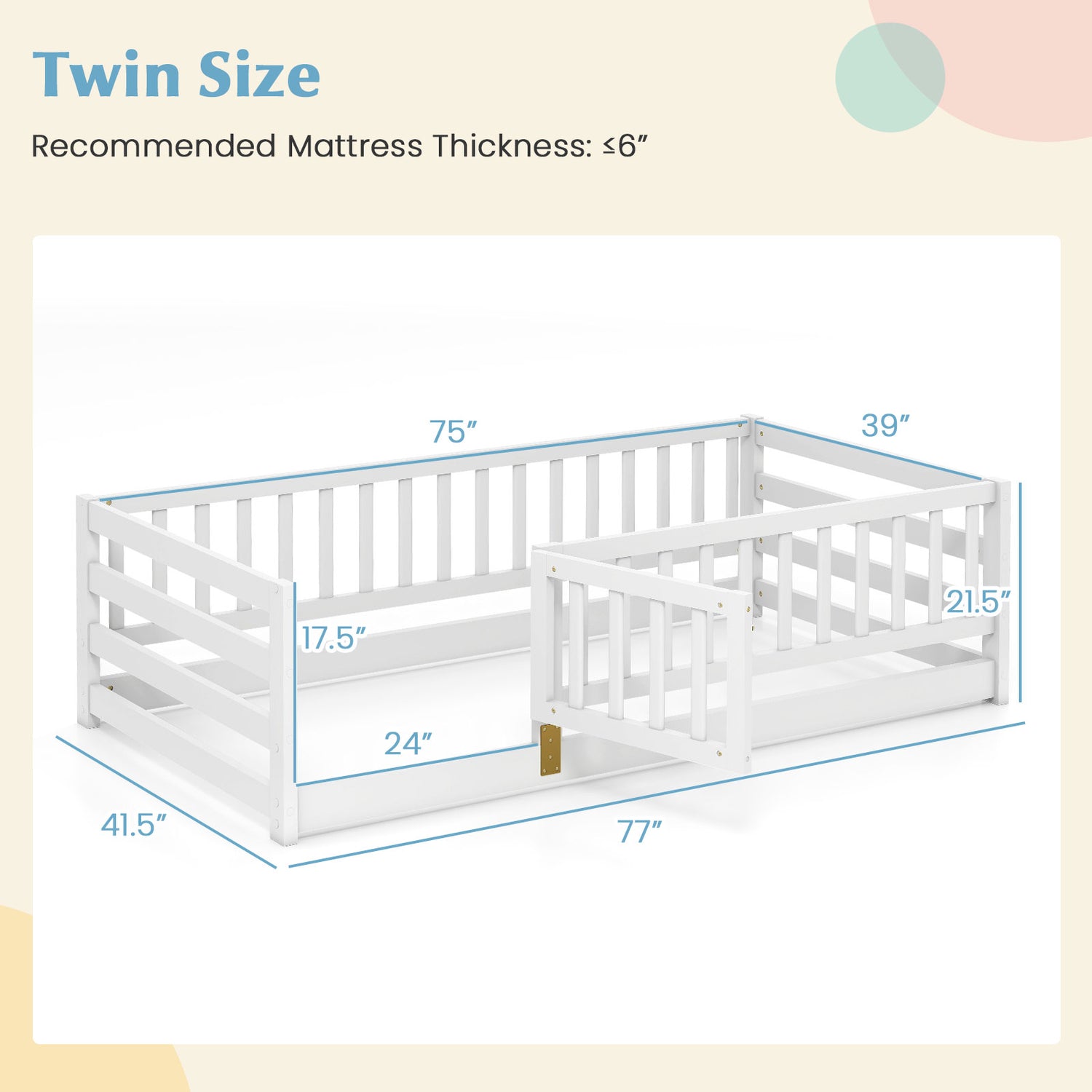 Twin Size Floor Bed with High Fence and Door Playhouse for Kids