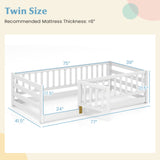 Twin Size Floor Bed with High Fence and Door Playhouse for Kids