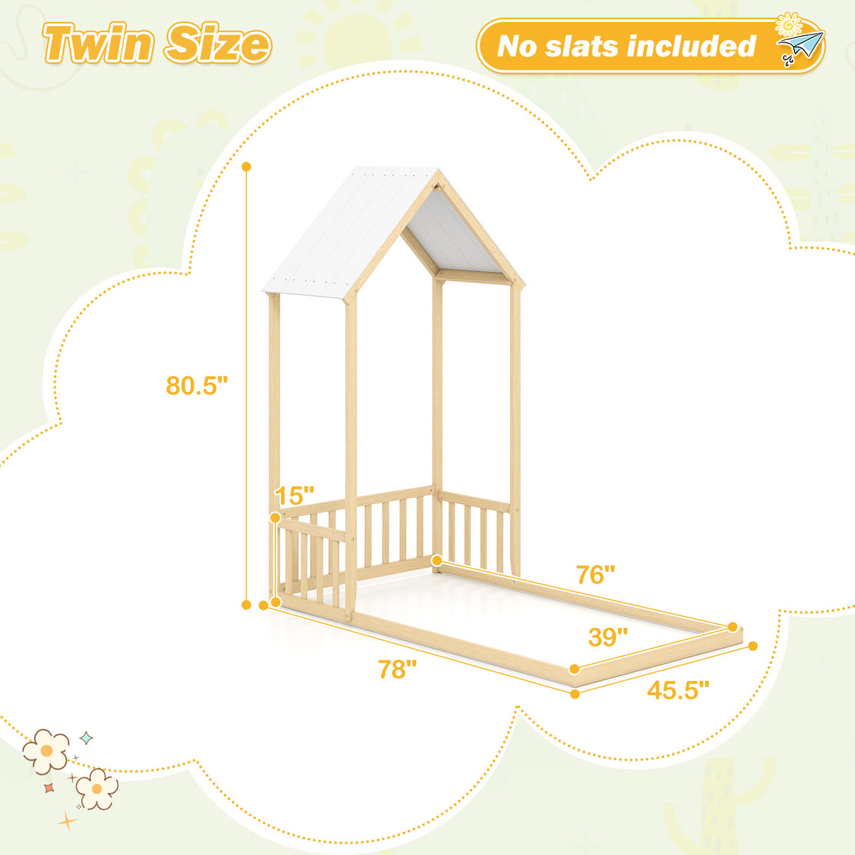 Twin Size House Bed with House Shape Roof and Semi-Fence
