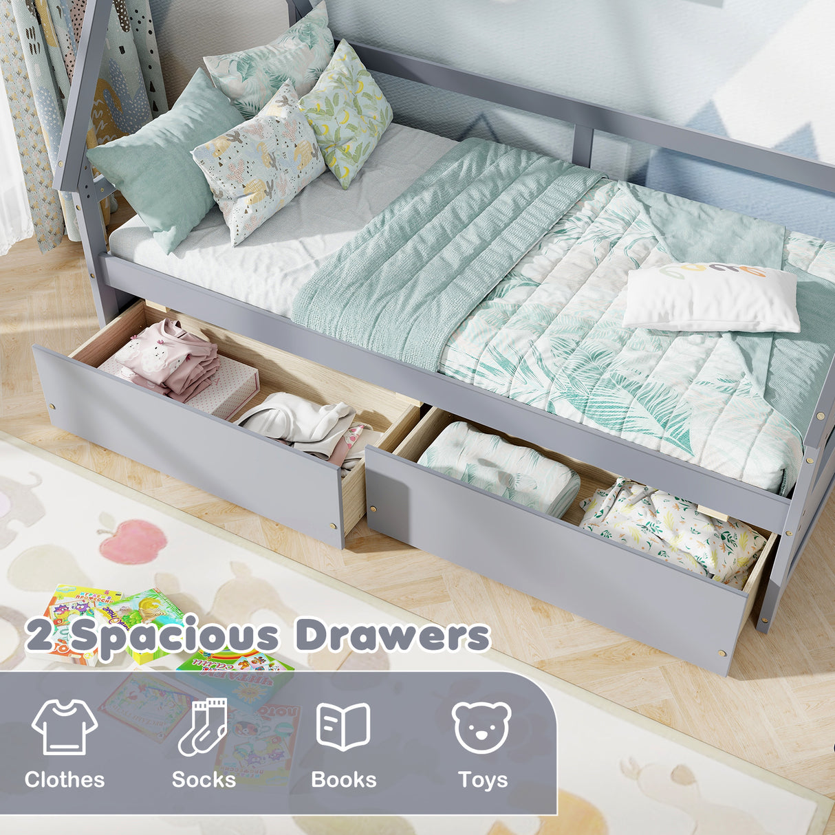 Twin Size House Bed with Roof and Safety Guardrail