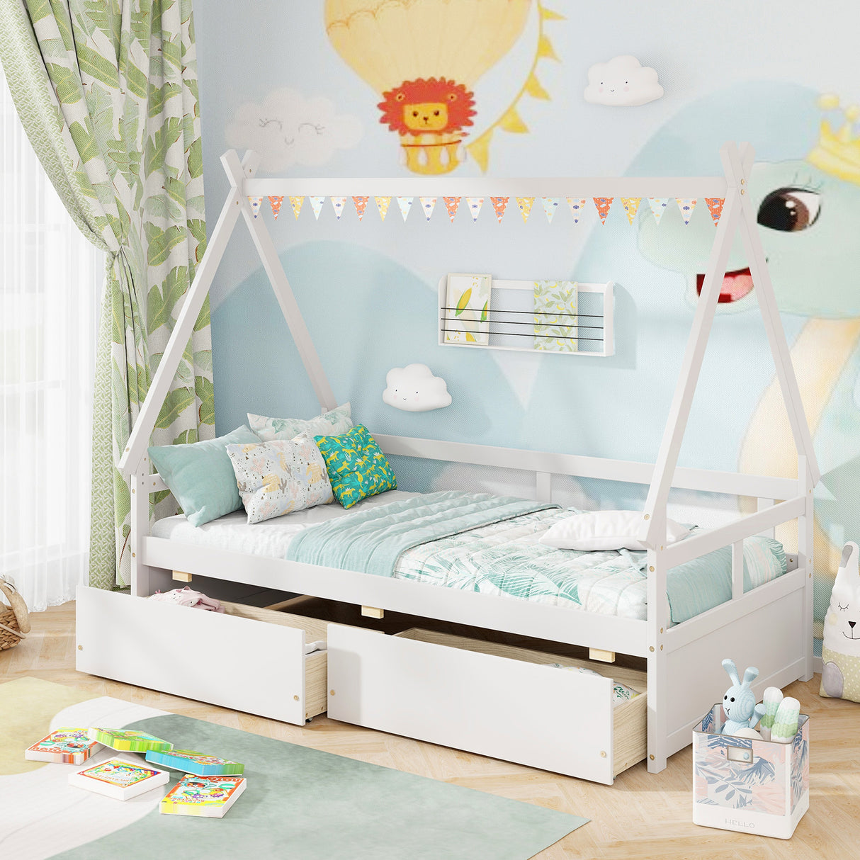 Twin Size House Bed with Roof and Safety Guardrail