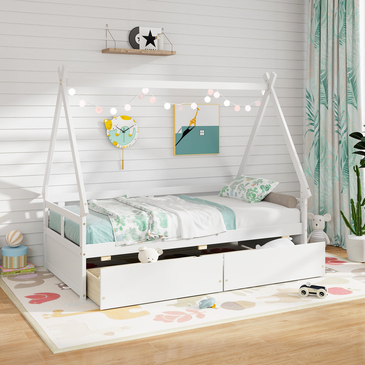 Twin Size House Bed with Roof and Safety Guardrail