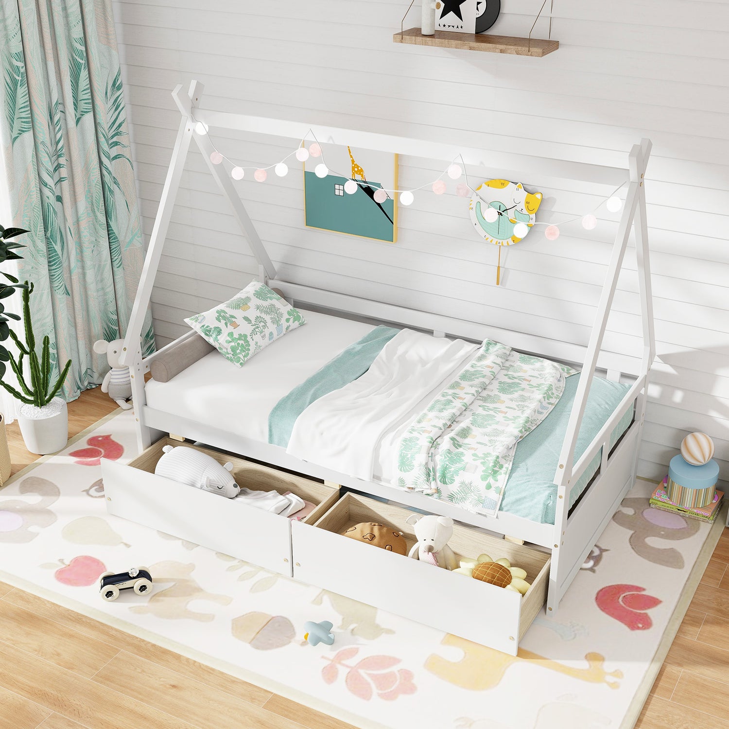 Twin Size House Bed with Roof and Safety Guardrail