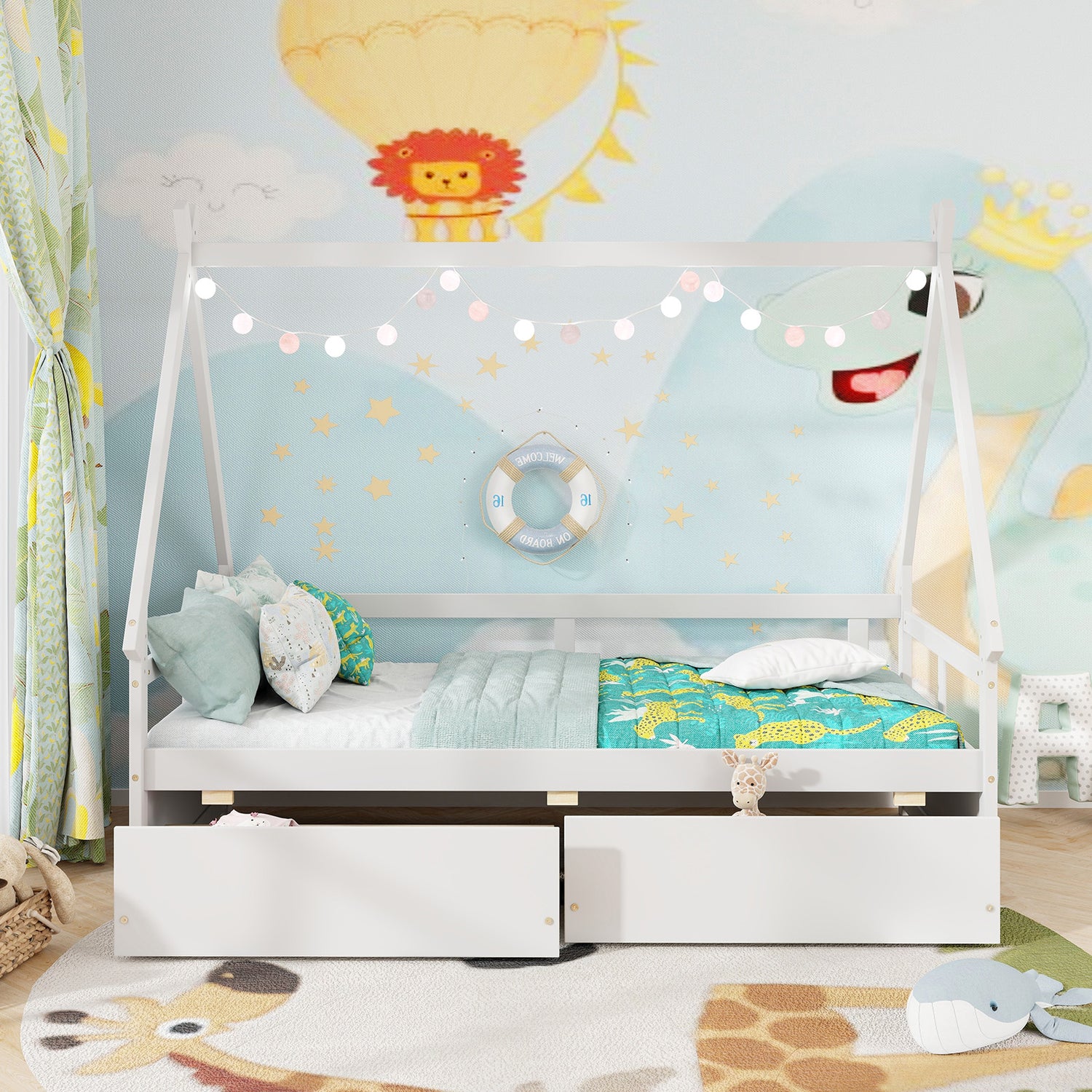 Twin Size House Bed with Roof and Safety Guardrail