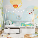 Twin Size House Bed with Roof and Safety Guardrail