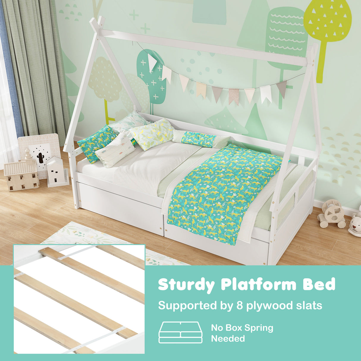 Twin Size House Bed with Roof and Safety Guardrail