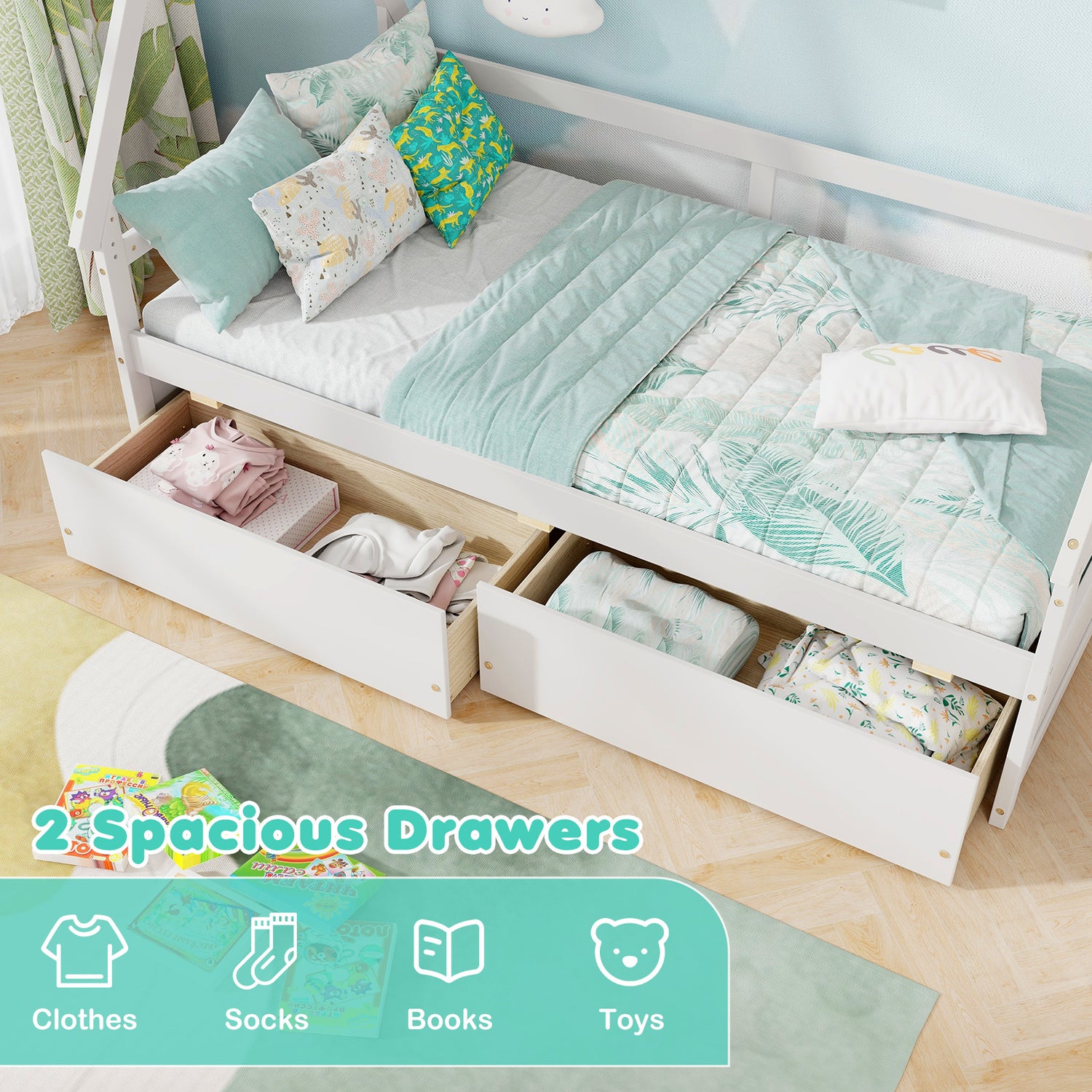Twin Size House Bed with Roof and Safety Guardrail