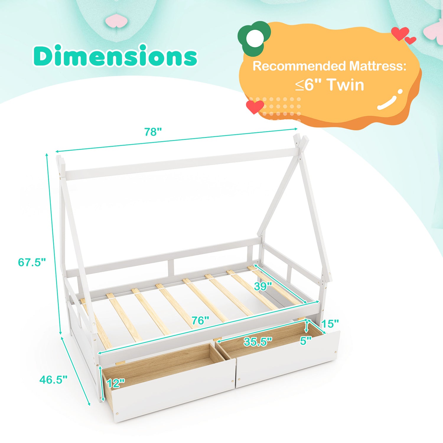 Twin Size House Bed with Roof and Safety Guardrail