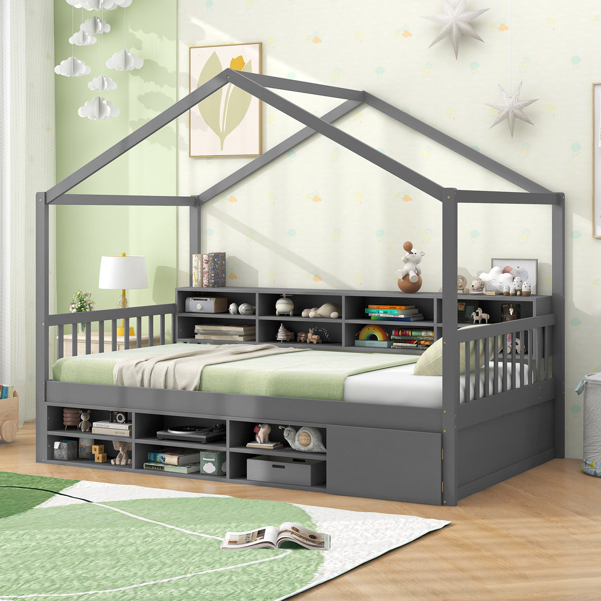 Twin Size House Bed with Roof with 14 Storage Cubes and Enclosed Cabinet