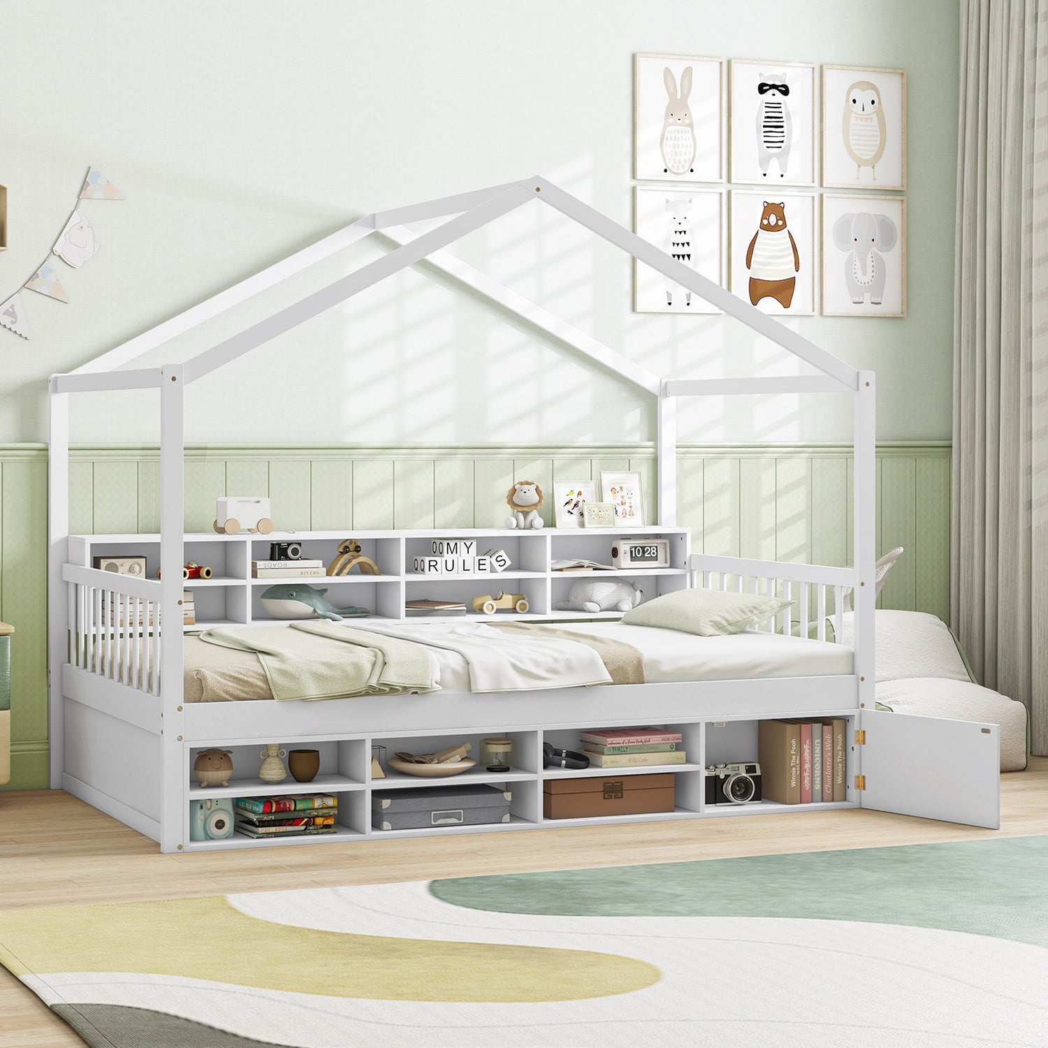 Twin Size House Bed with Roof with 14 Storage Cubes and Enclosed Cabinet