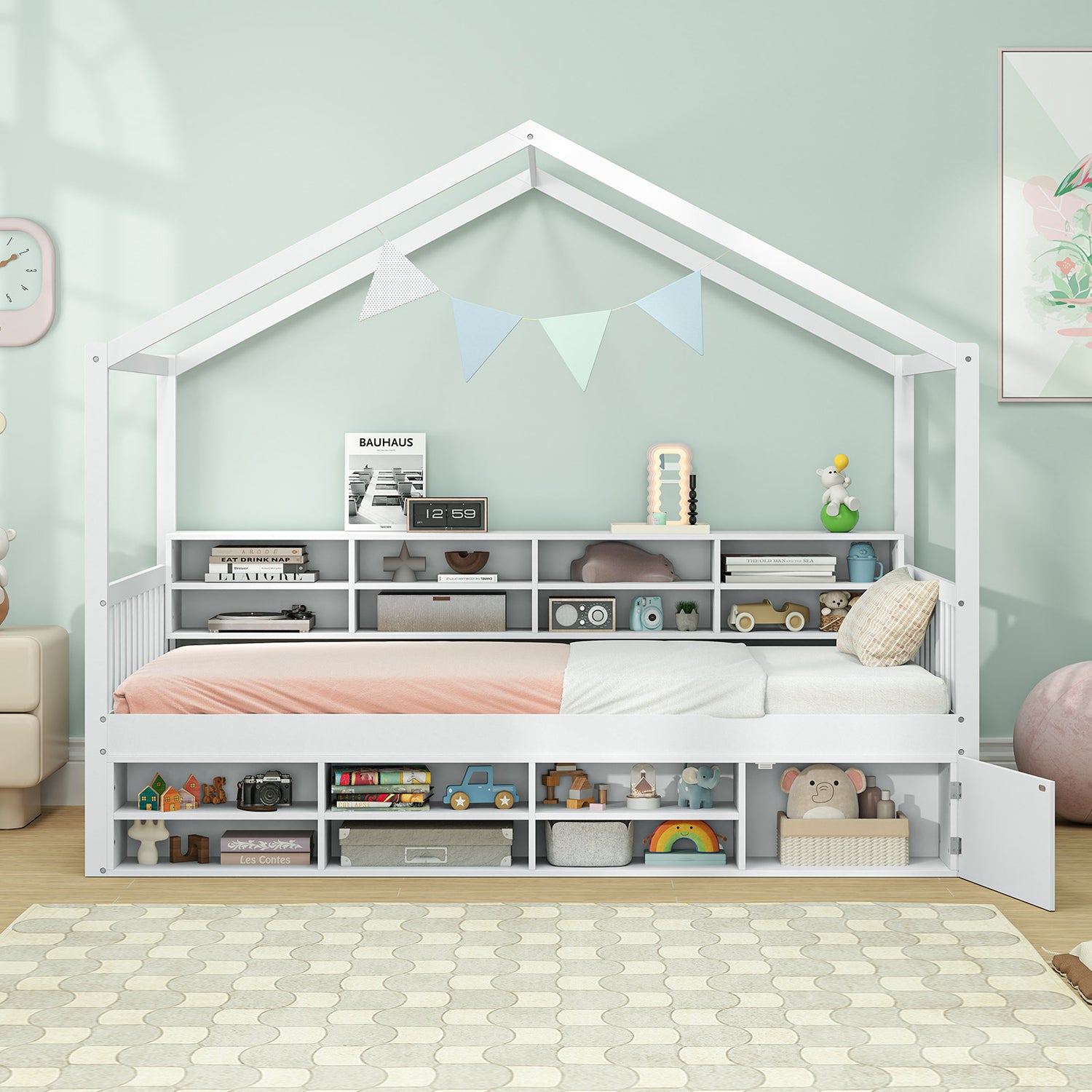 Twin Size House Bed with Roof with 14 Storage Cubes and Enclosed Cabinet
