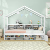 Twin Size House Bed with Roof with 14 Storage Cubes and Enclosed Cabinet