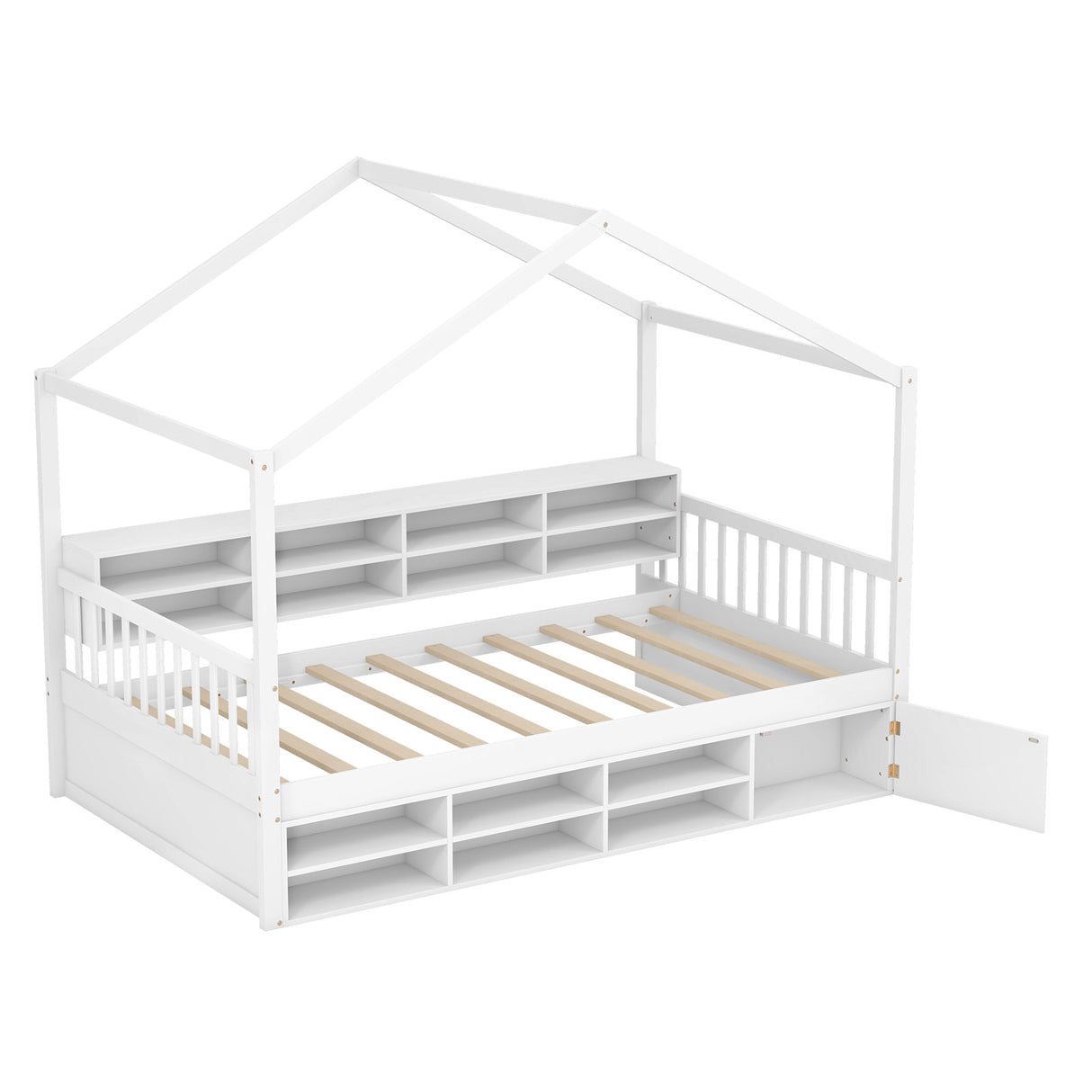 Twin Size House Bed with Roof with 14 Storage Cubes and Enclosed Cabinet