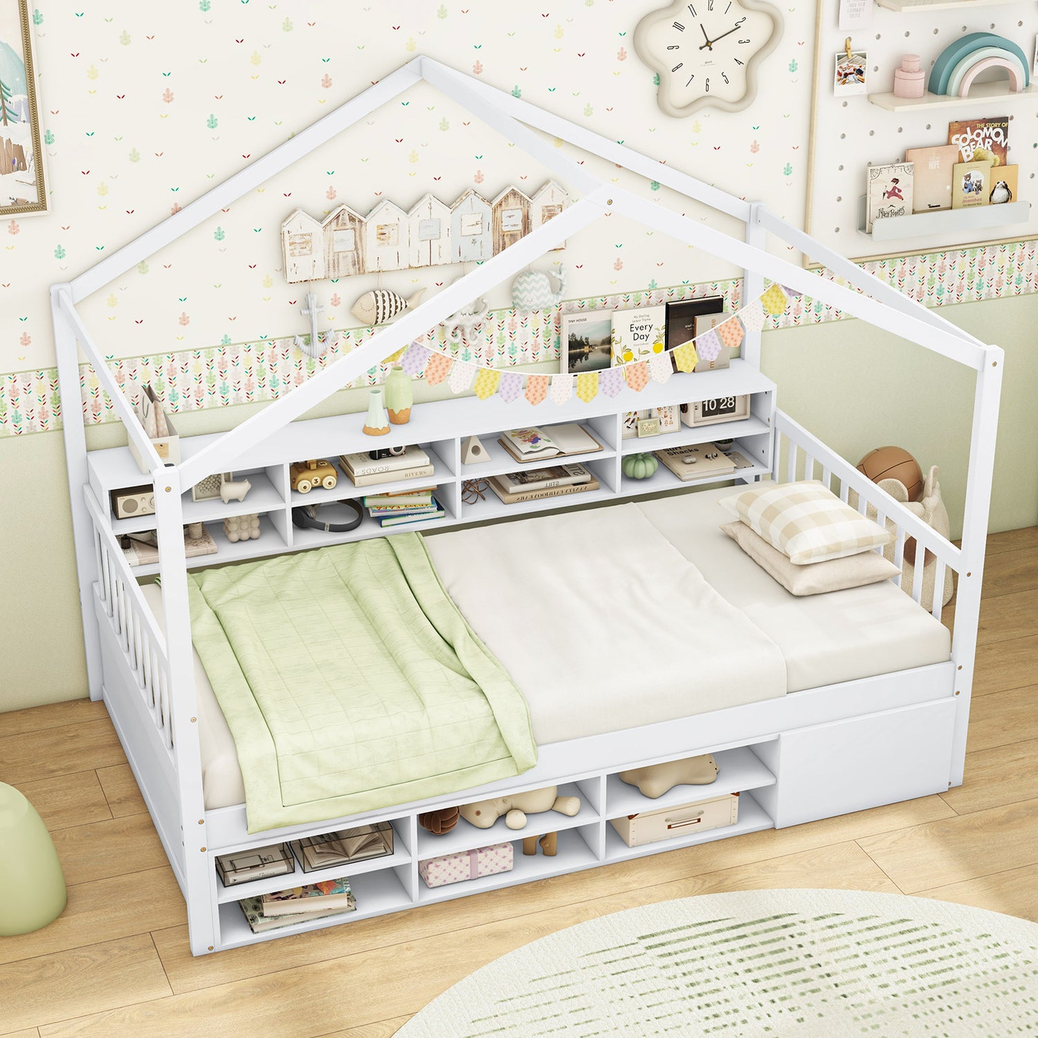 Twin Size House Bed with Roof with 14 Storage Cubes and Enclosed Cabinet