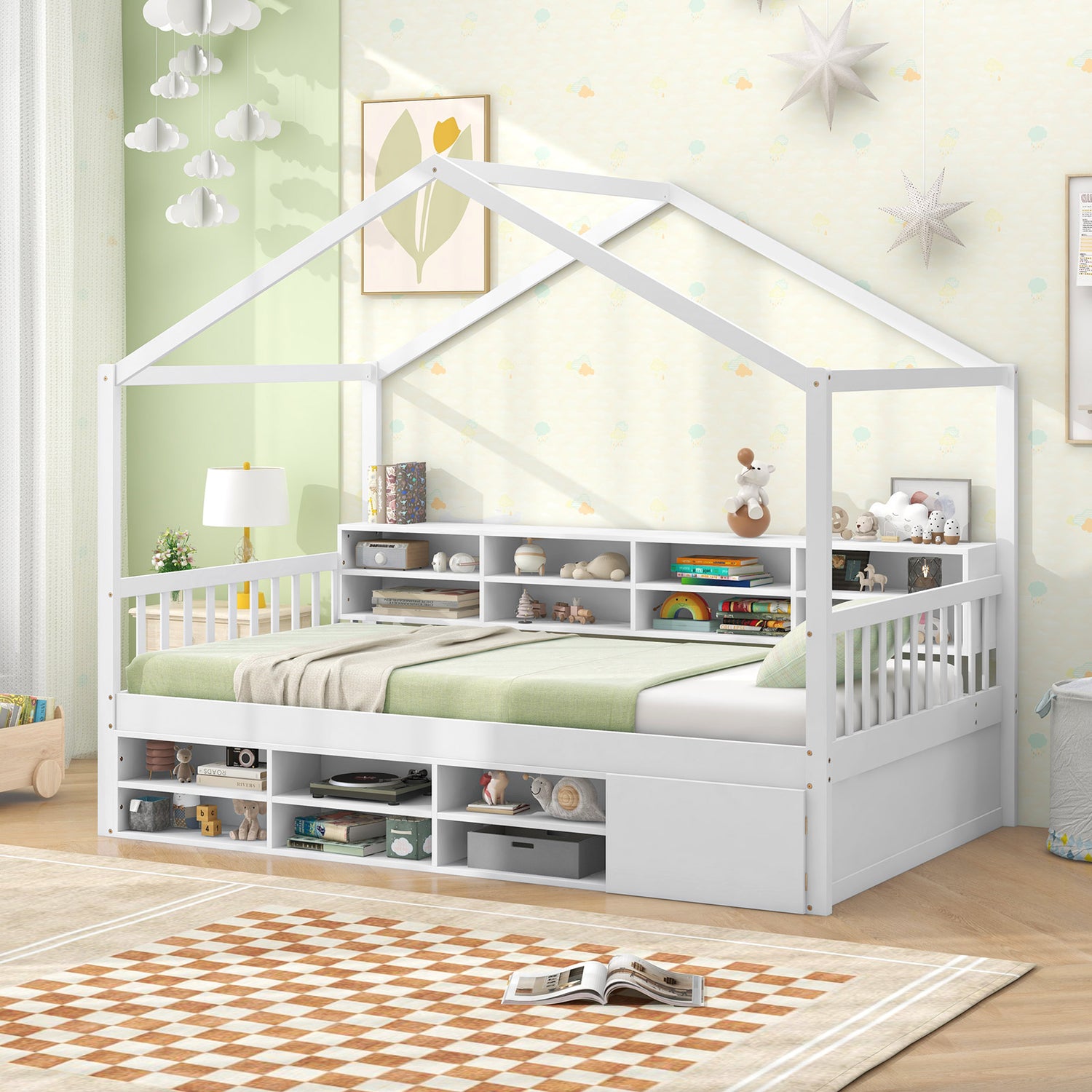 Twin Size House Bed with Roof with 14 Storage Cubes and Enclosed Cabinet