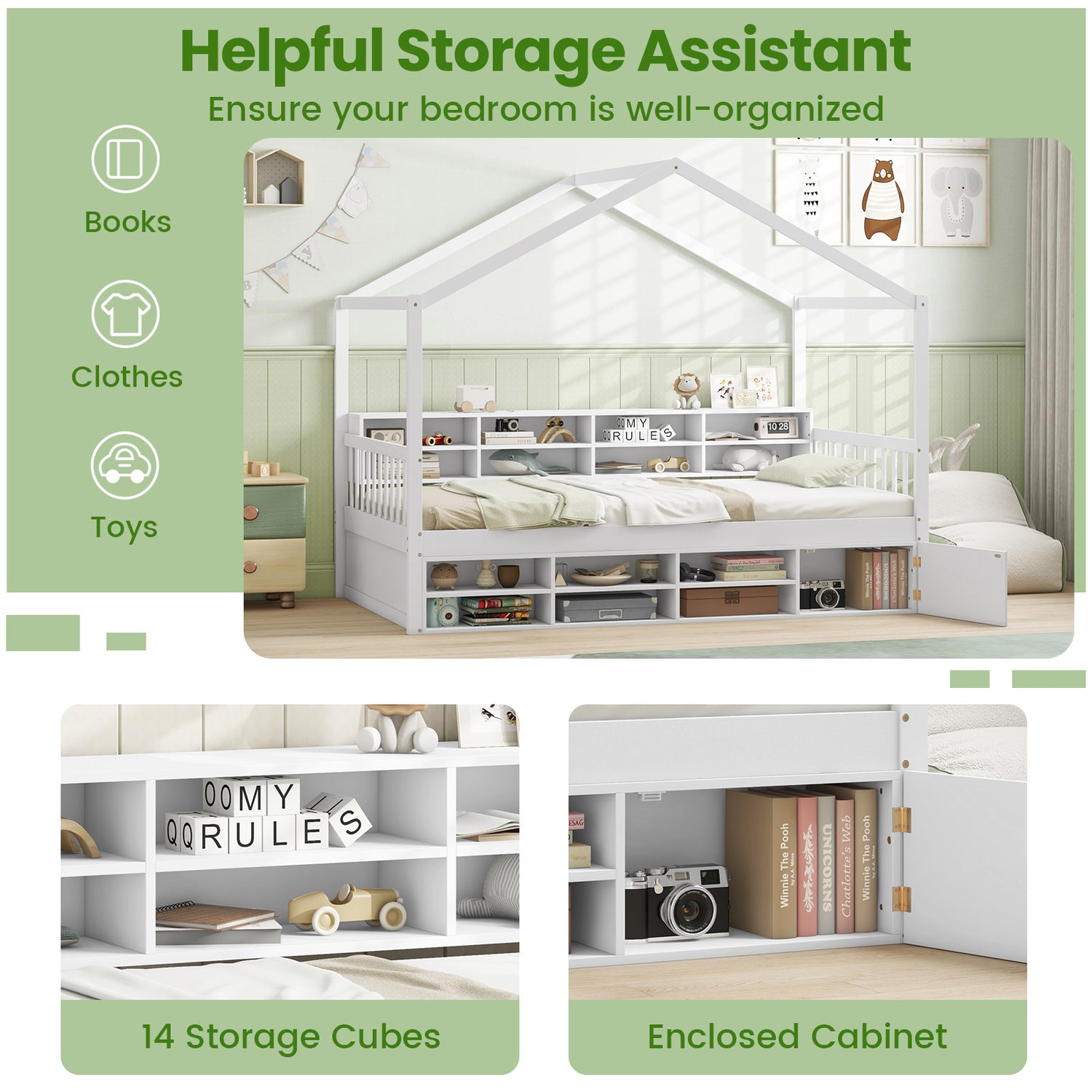 Twin Size House Bed with Roof with 14 Storage Cubes and Enclosed Cabinet