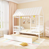 Twin Size House Bed with Trundle Kids Platform Bed with Roof Window-White