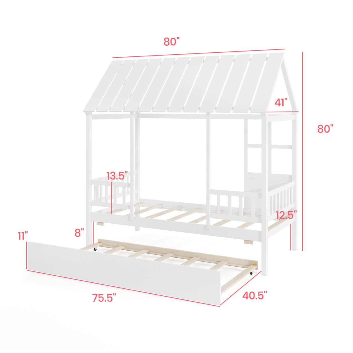 Twin Size House Bed with Trundle Kids Platform Bed with Roof Window-White