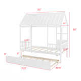 Twin Size House Bed with Trundle Kids Platform Bed with Roof Window-White
