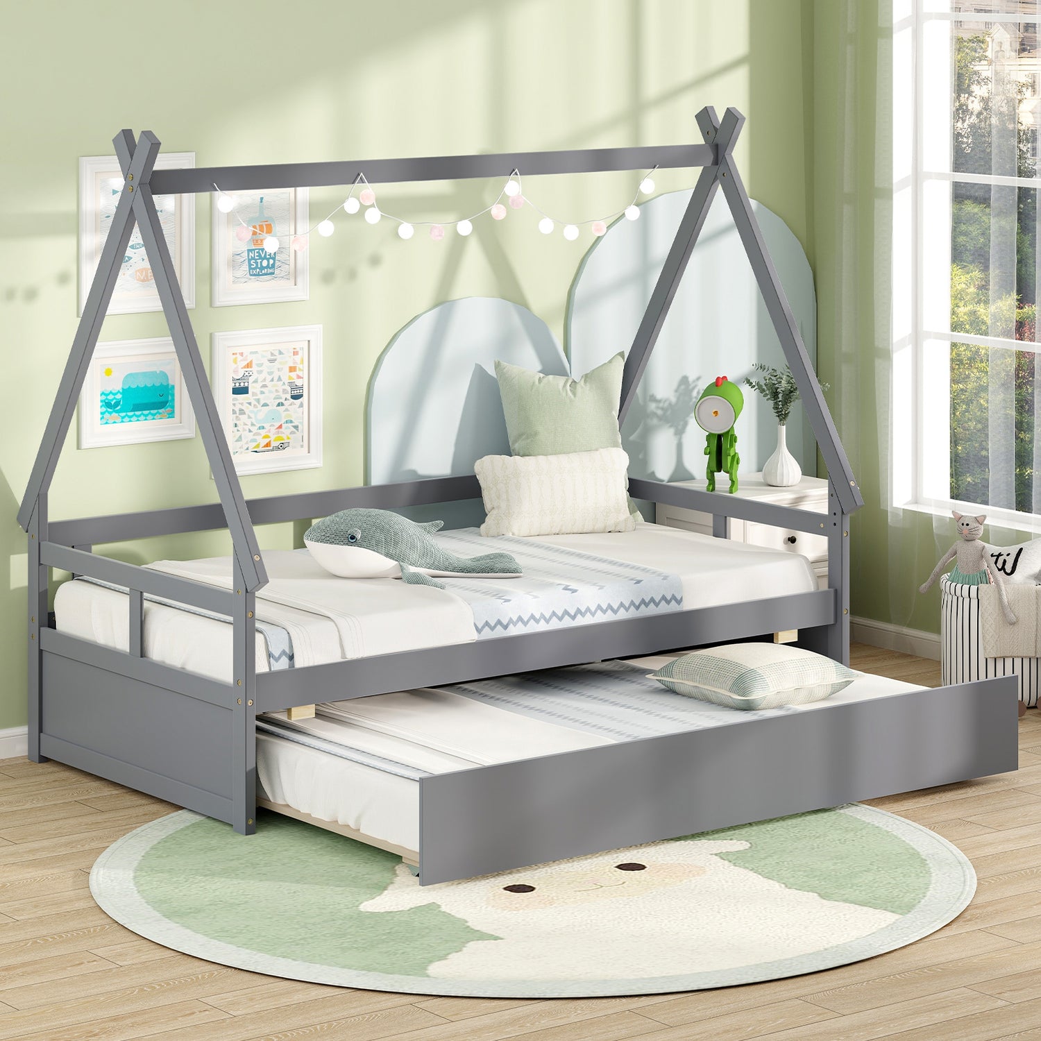 Twin Size House Bed with Trundle and Safety Guardrail