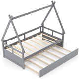 Twin Size House Bed with Trundle and Safety Guardrail