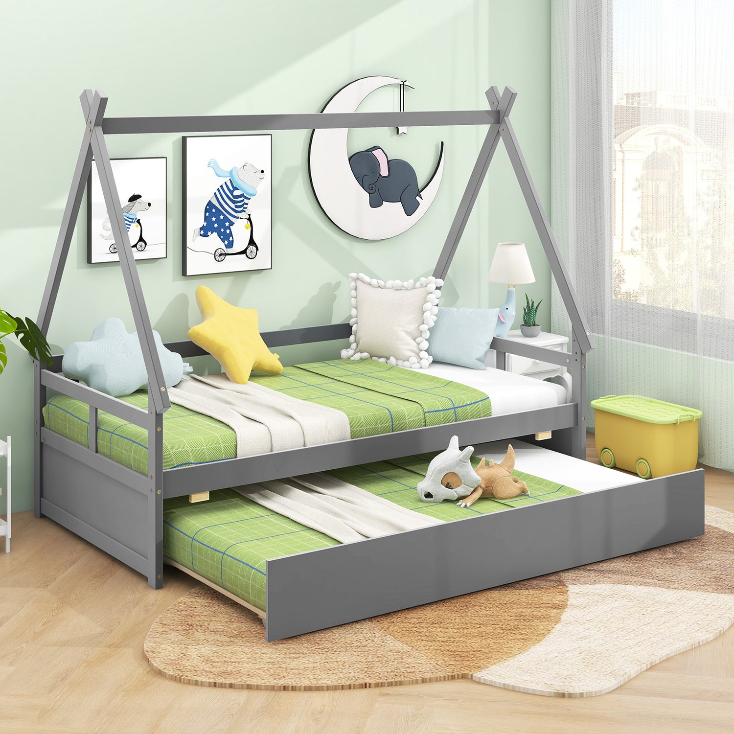 Twin Size House Bed with Trundle and Safety Guardrail
