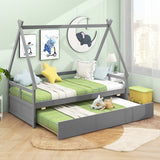 Twin Size House Bed with Trundle and Safety Guardrail