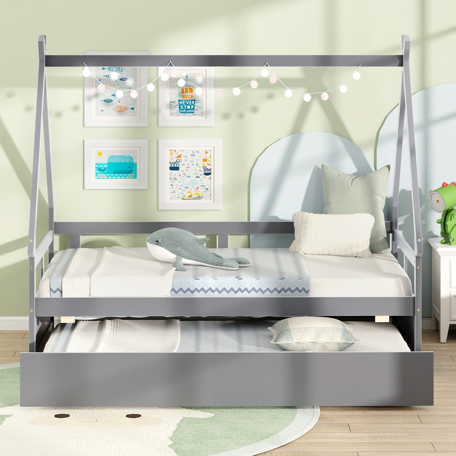 Twin Size House Bed with Trundle and Safety Guardrail