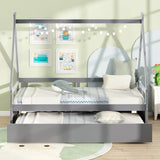 Twin Size House Bed with Trundle and Safety Guardrail