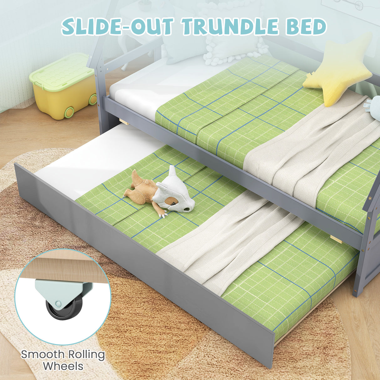 Twin Size House Bed with Trundle and Safety Guardrail