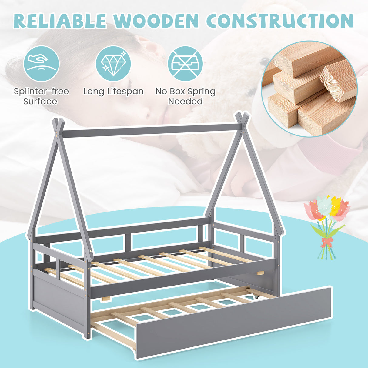 Twin Size House Bed with Trundle and Safety Guardrail