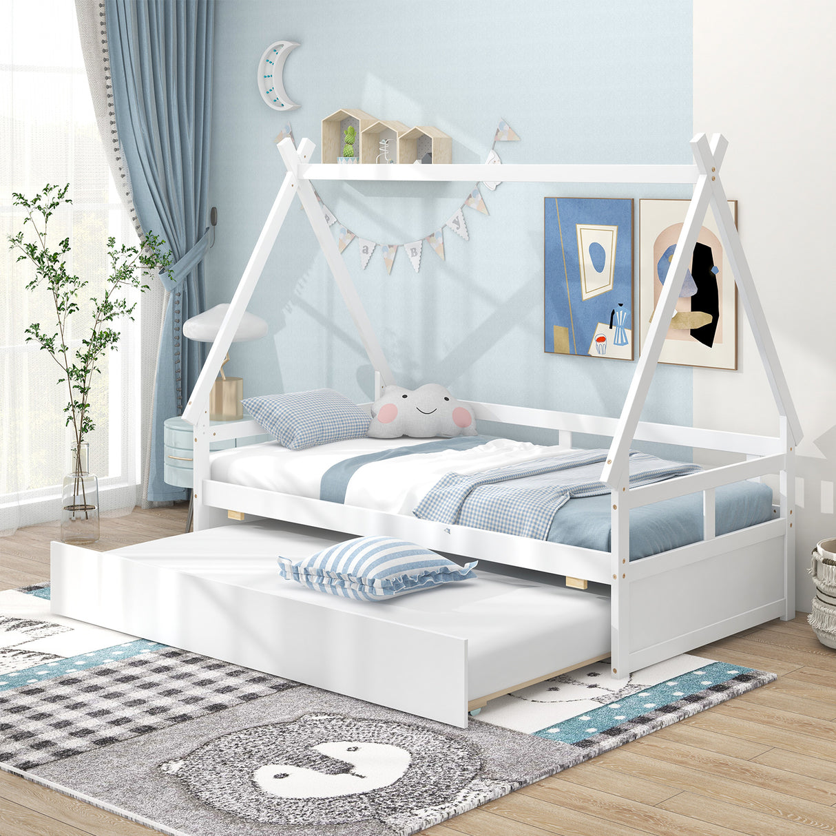 Twin Size House Bed with Trundle and Safety Guardrail