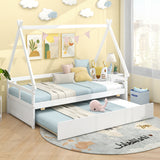 Twin Size House Bed with Trundle and Safety Guardrail