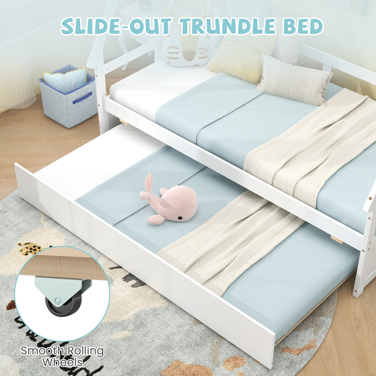 Twin Size House Bed with Trundle and Safety Guardrail
