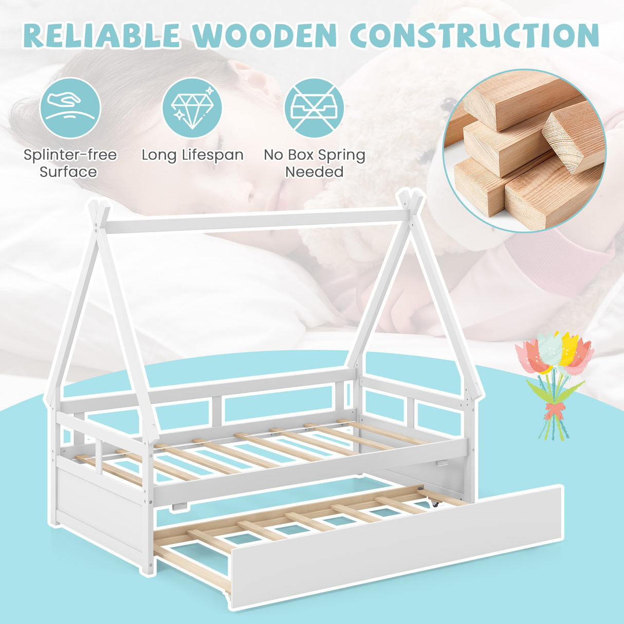 Twin Size House Bed with Trundle and Safety Guardrail