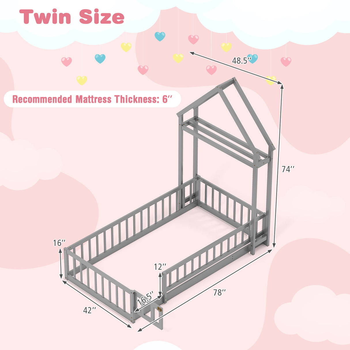 Twin Size House Floor Bed with House-shaped Headboard