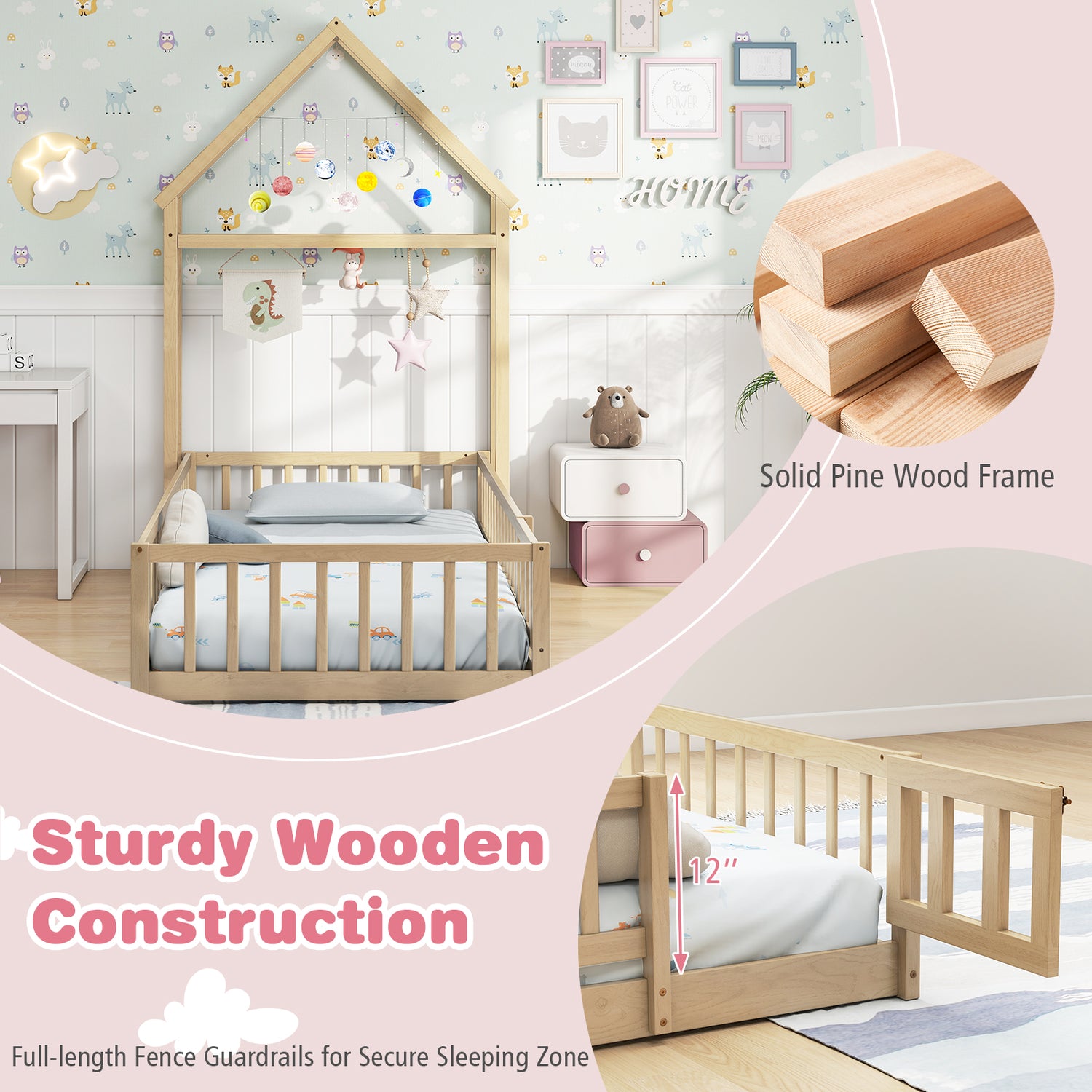 Twin Size House Floor Bed with House-shaped Headboard