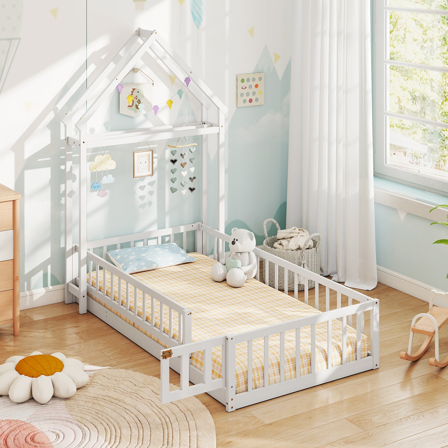 Twin Size House Floor Bed with House-shaped Headboard