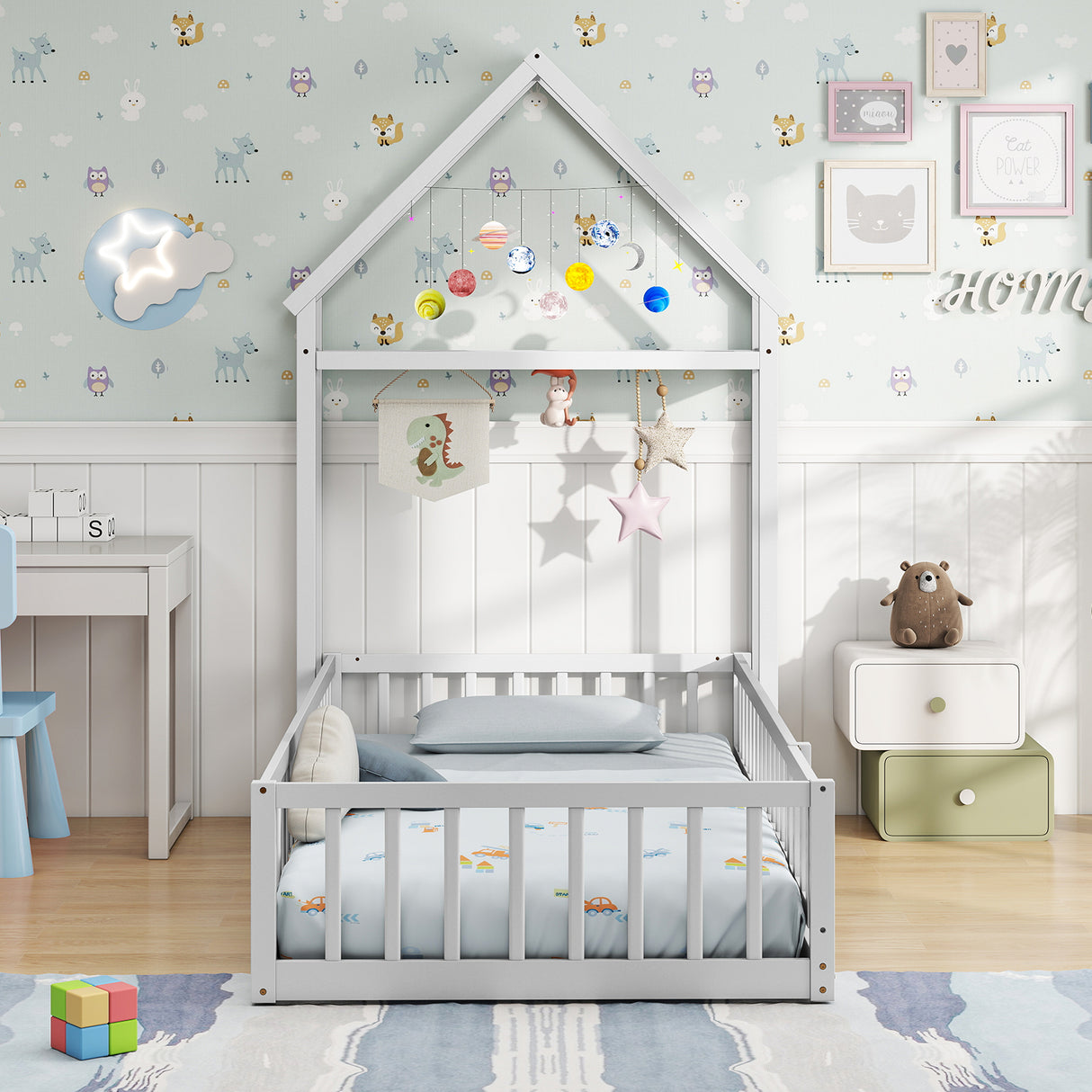 Twin Size House Floor Bed with House-shaped Headboard