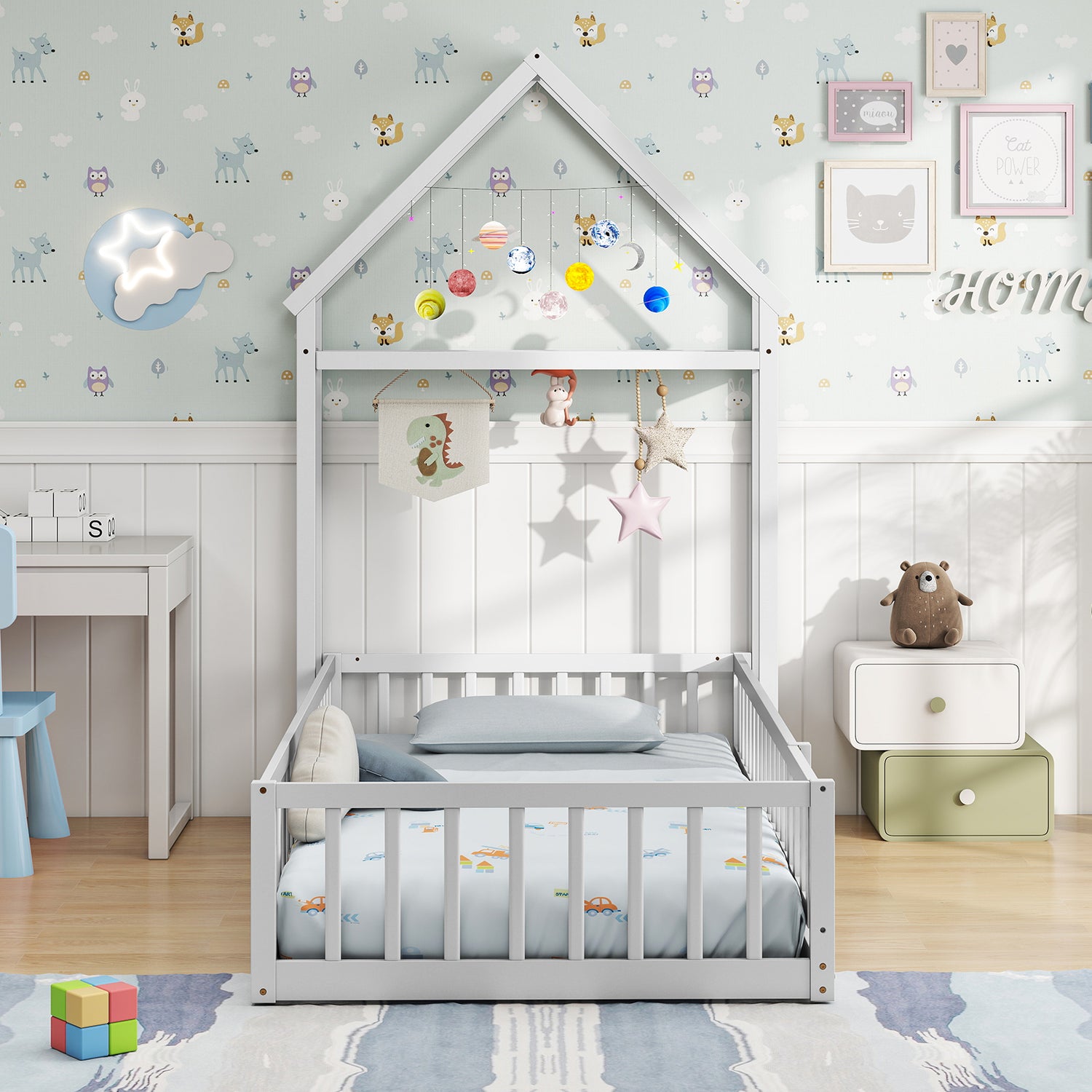 Twin Size House Floor Bed with House-shaped Headboard